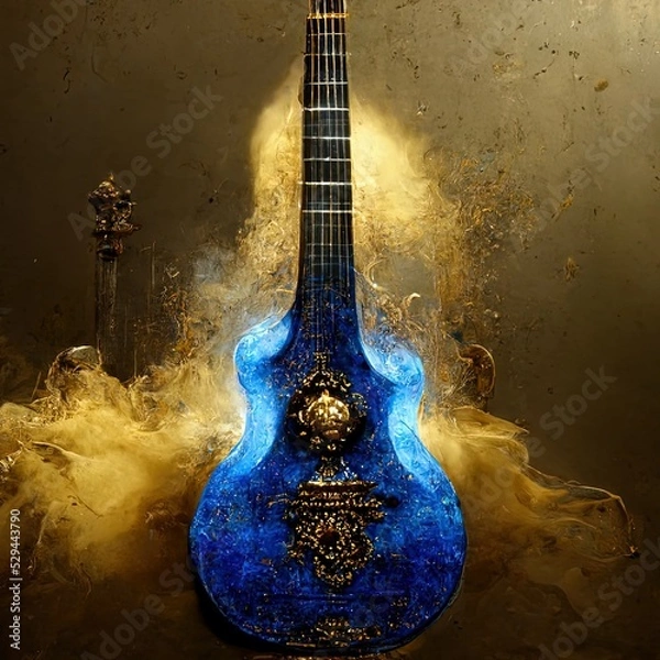 Fototapeta An ornate baroque guitar breaking on the marble tile floor, exploding into dust. Surreal, chaotic.