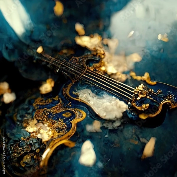 Fototapeta An ornate baroque guitar breaking on the marble tile floor, exploding into dust. Surreal, chaotic.
