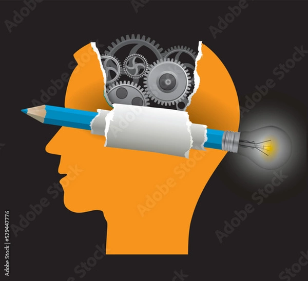 Fototapeta Intelligence and creativity concept, Smart solutions.
Stylized Male Head silhouette with gear and pencil with bulb. Isolatd on black background. Vector available.