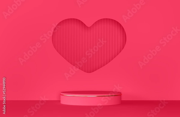 Fototapeta Pink сylinder pedestal or stand podium in hearth shape window. Valentine day minimal scene for product display presentation. 3d rendering,