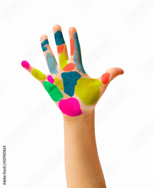 Fototapeta Young child palm hand painted in front isolated on white