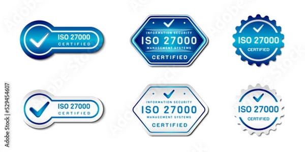 Fototapeta ISO 27000 Certified Label Stamp. Information Security Management Systems Sign. With check icon. On gradient blue and white color. Premium and luxury emblem vector template