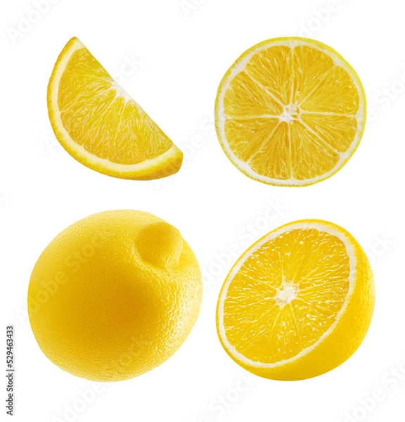 Obraz Set of lemon different pieces on transparent background. Whole fruit, half and a few juicy slices. Citrus fruit for cosmetics or organic food packaging design. Source of vitamin C. Cut out elements.