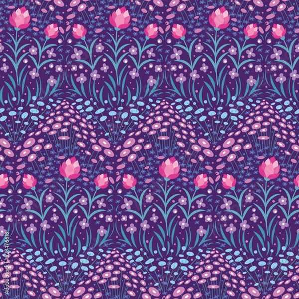Fototapeta Seamless pattern with pink lilac and blue flowers. Print for textile design.