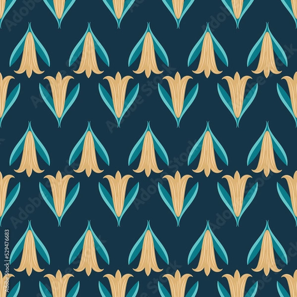 Fototapeta Seamless vintage pattern with golden flowers on a green background.