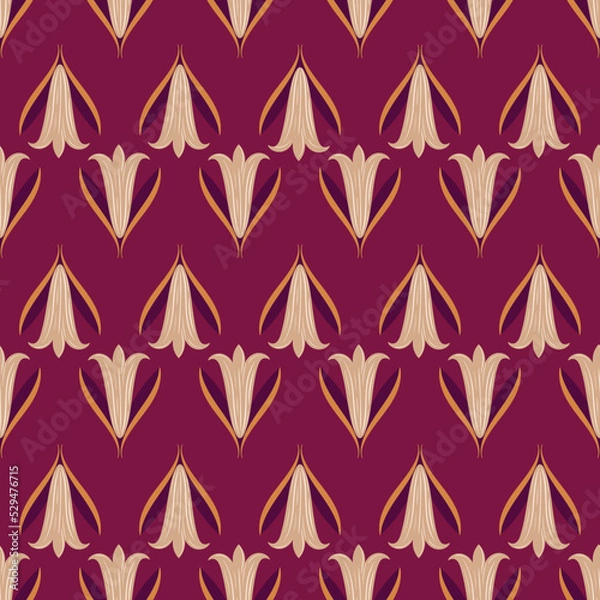 Fototapeta Seamless vintage pattern with golden flowers on a burgundy background.