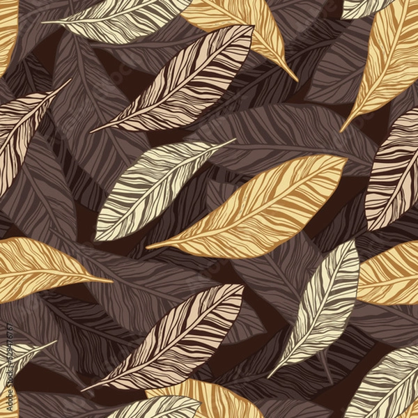 Fototapeta Seamless vintage pattern with brown and green leaves on a dark background.