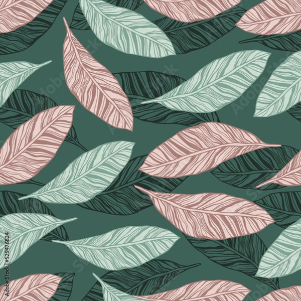 Fototapeta Seamless vintage pattern with green and brown leaves on a dark background.