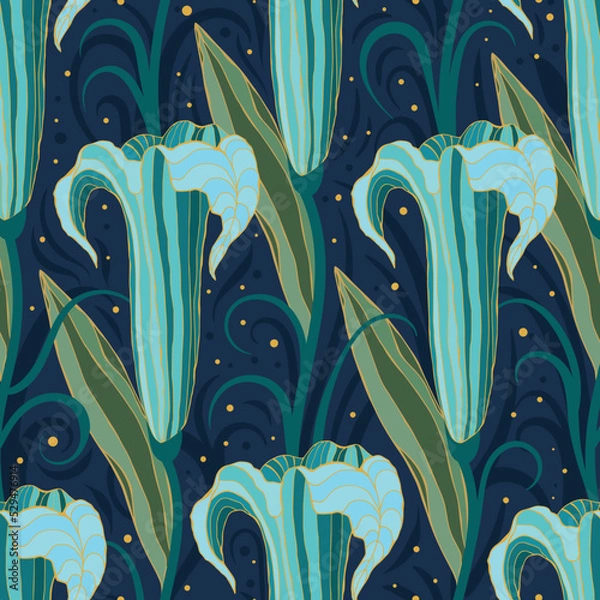 Fototapeta Seamless abstract pattern with tropical flowers in blue and green tones.