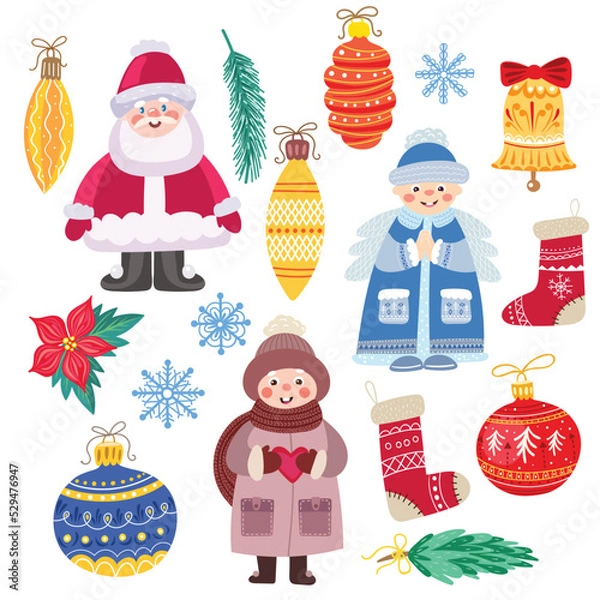 Fototapeta Christmas vector set with toys, snowman, angel, snowflakes, Santa Claus, fir twig.