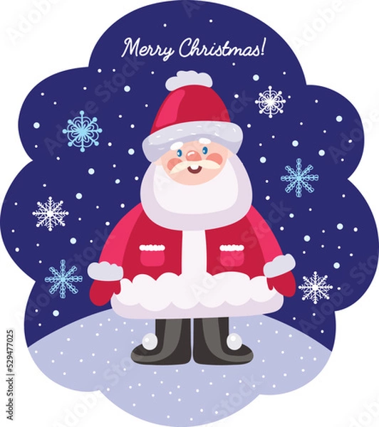 Fototapeta Christmas vector illustration with Santa on a blue background with snowflakes.