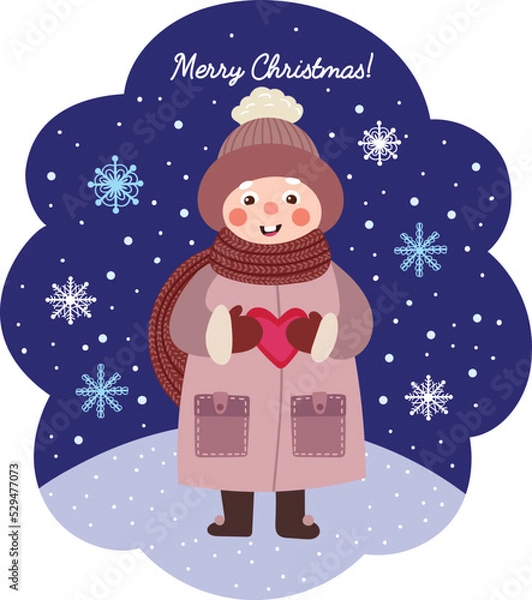 Fototapeta PrintChristmas vector illustration with a child in a coat on a blue background with snowflakes.