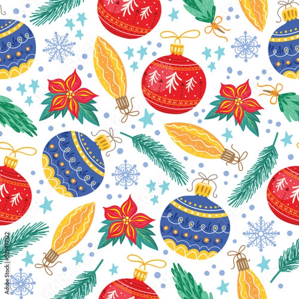 Fototapeta Christmas seamless pattern with toys. fir branches, snowflakes, balloons.