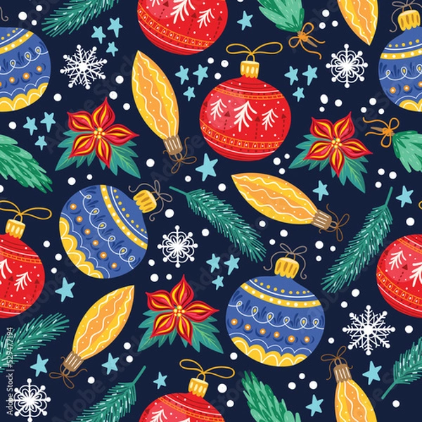 Fototapeta Christmas seamless pattern with toys. fir branches, snowflakes, balloons.