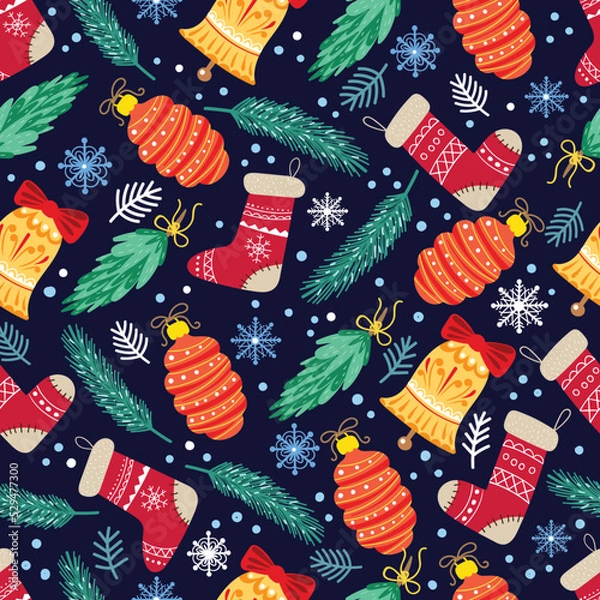 Fototapeta Christmas seamless pattern with toys. fir branches, snowflakes, balloons.