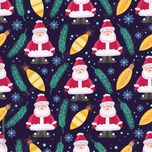 Fototapeta Christmas seamless pattern with toys. fir branches, snowflakes, balloons.