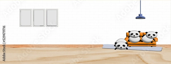Fototapeta Image of 3 cute pandas in a white brick wall room, 3D concept. and for illustration