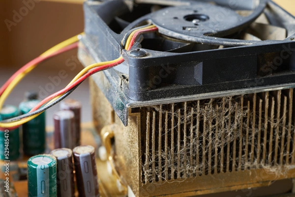 Obraz Old motherboard covered in dust and dirt. Close-up.