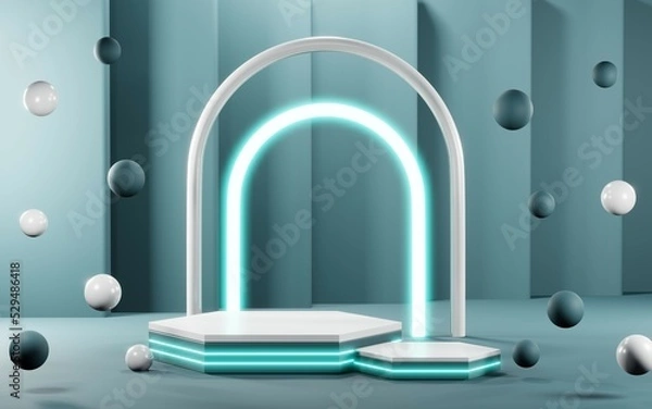 Fototapeta 3D rendering of blank product background for cream cosmetics Modern blue pastel podium background