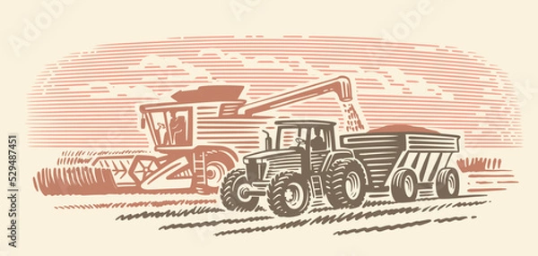 Fototapeta Combine harvester working with tractor. Sketch