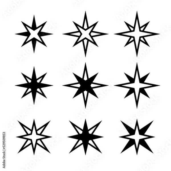 Fototapeta Collection of abstract star icons. Symbol of romance, sky and space. An attribute of astronomy, a symbol of magic. Isolated vector illustration on white background.