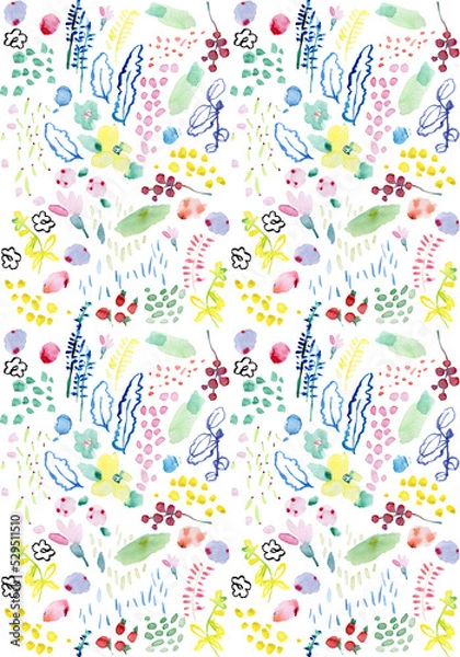 Fototapeta Watercolor seamless pattern, floral fashion style, bright design repeating background. Hand painted modern shapes.