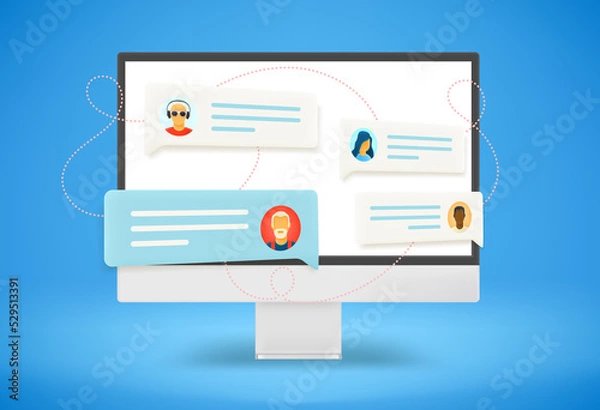 Fototapeta Modern computer monitor with social media communication clouds. 3d vector illustration