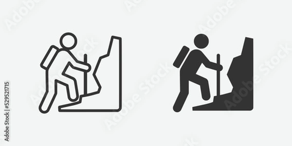 Fototapeta Mountain climb icon. Hiking icon symbol. Mountain climb vector illustration on isolated background