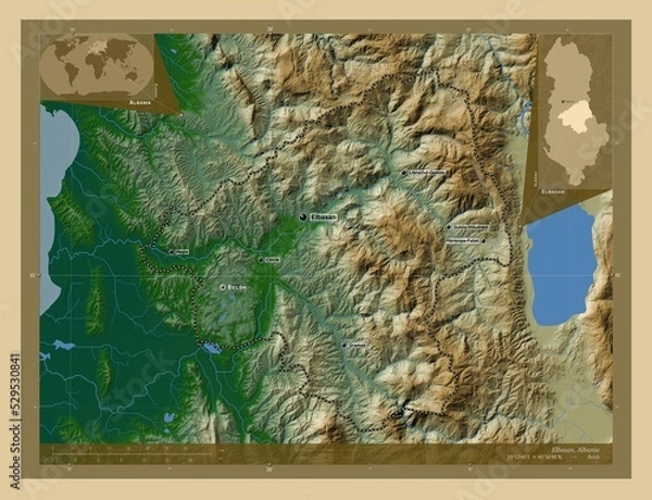 Obraz Elbasan, Albania. Physical. Labelled points of cities