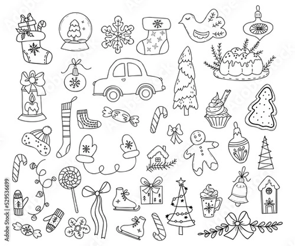 Fototapeta Christmas vector doodles. Set New Years decor, gifts, Christmas sock, car, Christmas tree, garland, mittens, bell, gingerbread, caramel stick, pie and skates. Isolated linear hand drawn