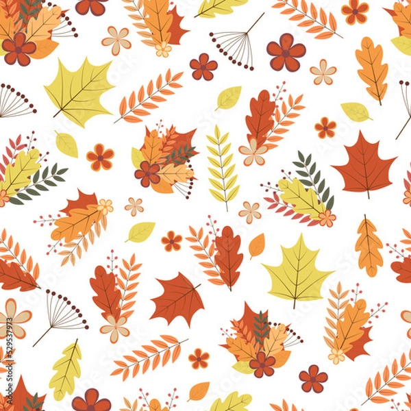 Fototapeta Autumn seamless pattern. Colorful leaves, flowers, and berries. Fall vector background.