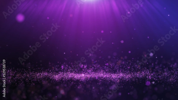 Fototapeta Glitter purple particles stage and light shine abstract background. Flickering particles with bokeh effect.