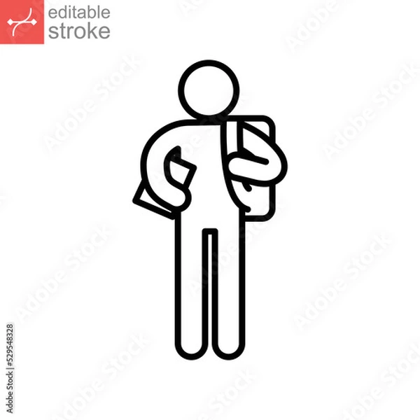 Obraz Freshman student with backpack line icon. High school pupil, rucksack. schoolchildren logo College newcomer International student editable stroke vector illustration design on white background EPS 10