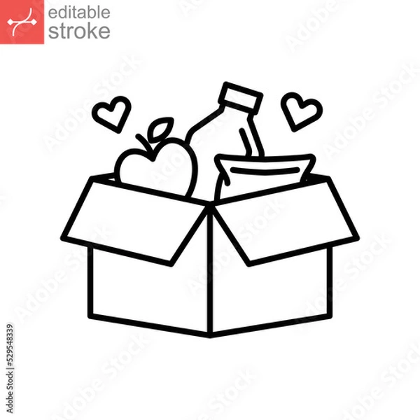 Obraz Food donations linear icon, pantry, food bank meal charity line collection logo Box with love. humanitarian volunteer activity. Editable stroke vector illustration design on white background EPS 10