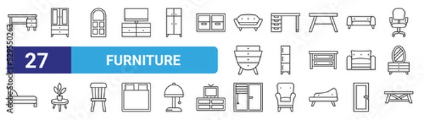 Fototapeta set of 27 outline web furniture icons such as desk, sideboard, window, desk, cabinet, flowerpot, window, table vector thin icons for web design, mobile app.