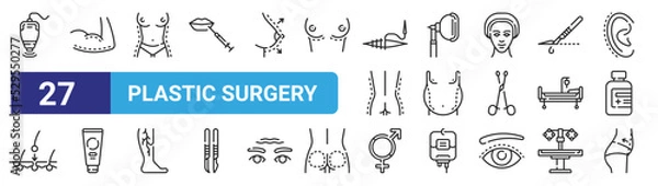 Fototapeta set of 27 outline web plastic surgery icons such as laser, arm, torso, anesthesia, belly, cream, gender, belly vector thin icons for web design, mobile app.