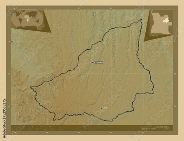 Fototapeta Lunda Sul, Angola. Physical. Labelled points of cities