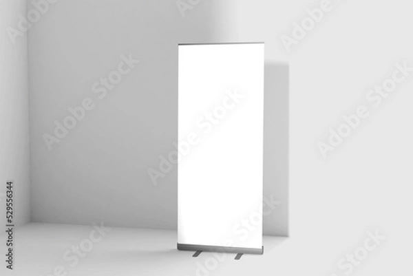 Fototapeta Blank white roll-up banner display mockup on wall background, isolated, 3d rendering. Ready to display your design