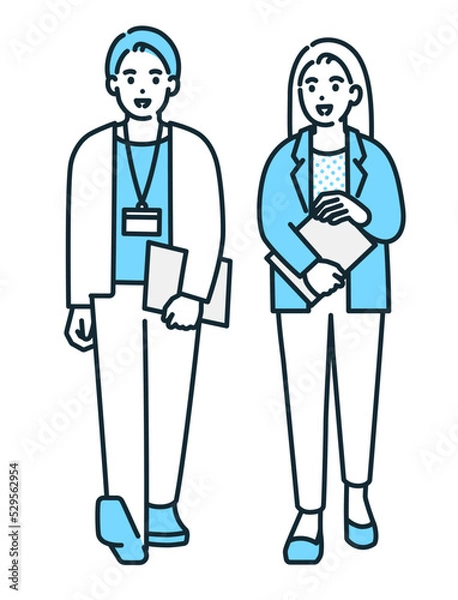 Fototapeta オフィスの廊下を雑談しながら歩く男女。ビジネスパーソンのイラスト素材。