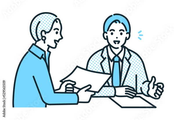 Fototapeta 資料を確認しながら接客をするビジネスマンのイラスト素材。