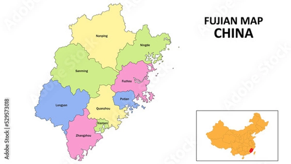 Fototapeta Fujian Map of China. State and district map of Fujian. Detailed colorful map of Fujian.