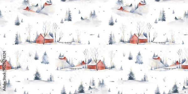 Fototapeta Watercolor hand drawn Christmas seamless pattern. Winter foggy landscapes, scandinavian village. Snow, red houses, trees, spruce, mountains, birds. New year elements isolated on white background.