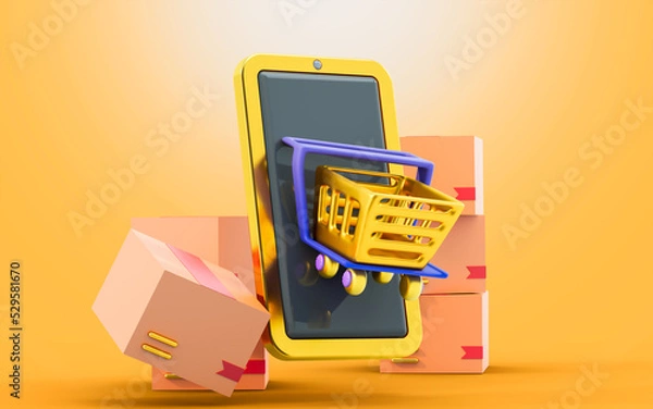 Fototapeta smart phone with chopping cart parcel box sign 3d render concept for online marketing product