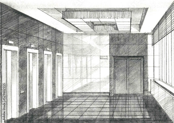 Fototapeta Pencil sketch of the interior of an elevator lobby Hand drawing, illustration