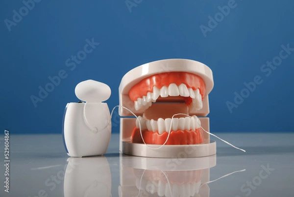 Obraz Model of a jaw with dental floss on a blue background close-up. Oral care concept