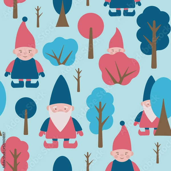 Fototapeta Christmas cartoon seamless pattern with little happy gnomes hiding in a magic forest. Happy winter vector cute baby pattern.
