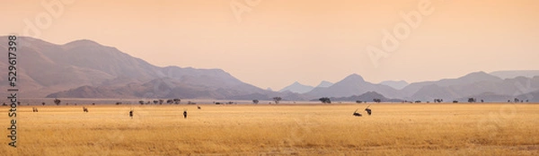 Fototapeta African landscape at sunset with silhouettes of mountains, Antelopes Oryx in savanna. Herd of an Oryxes in grassland in Sesriem valley, Namibia. Wildlife and safari in South Africa, panoramic view.