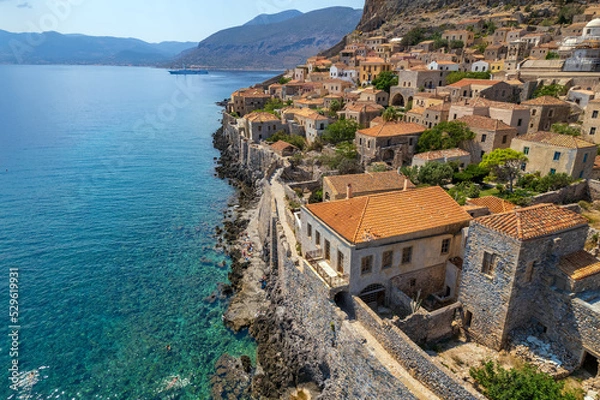 Fototapeta Aerial view of the medieval  castle of Monemvasia, Lakonia, Peloponnese, Greece