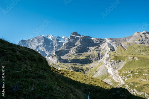 Fototapeta Via alpina trail switzerland. Morning view on Bernese range. Popular tourist attraction. Location place Swiss alps, Grindelwald valley, Europe.