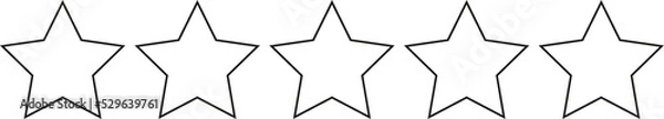 Obraz Five black stars in a row, 0-5 rating, review system. Isolated png illustration, transparent background. Asset for overlay, pattern, montage, collage. Business, customer feedback concept.